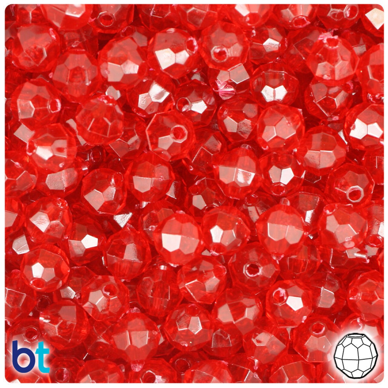 BeadTin Ruby Transparent 8mm Faceted Round Plastic Craft Beads (450pcs)